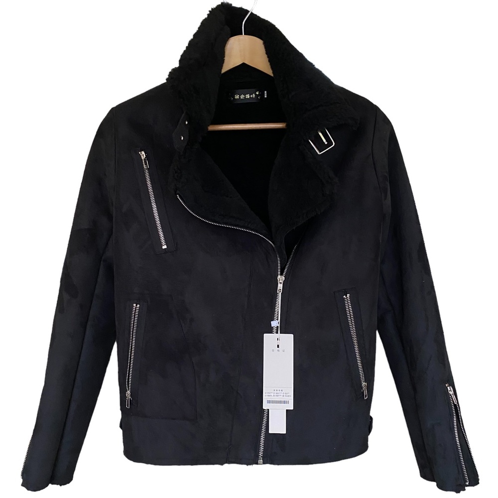 Korean Designer NWT Warm faux suede shearling moto biker jacket